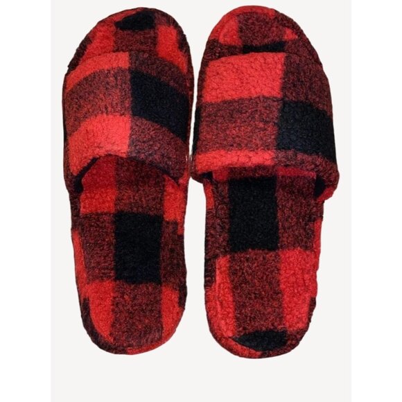 Izod Mens Plaid Slippers Size 9/10 Red & Black Fleece Lined - Picture 1 of 5